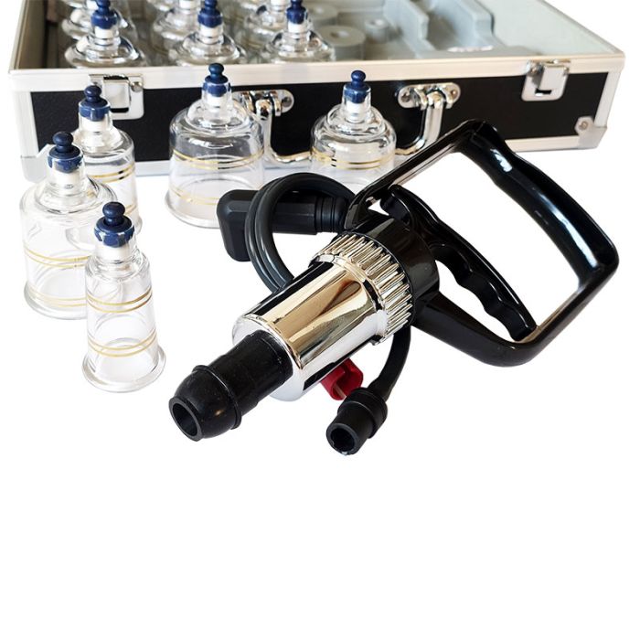 Cupping set s črpalko, 17 plastičnih skodelic, v kovčku