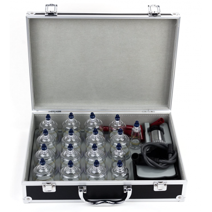 Cupping set s črpalko, 17 plastičnih lončkov, v kovčku
