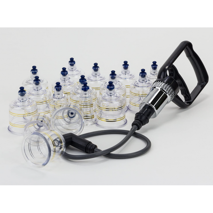 Cupping set s črpalko, 17 plastičnih lončkov, v kovčku